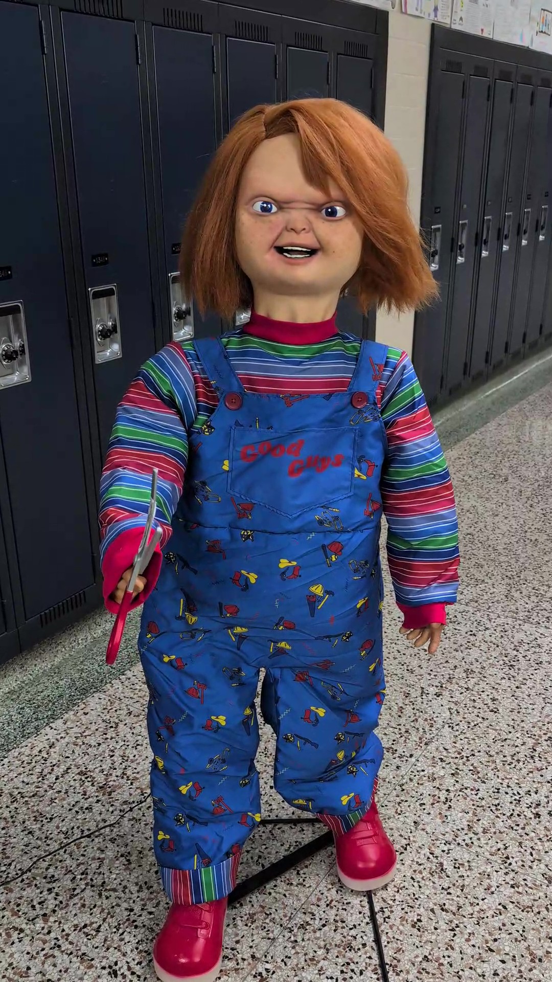 He’s back and more terrifying than ever! This 4.5FT Chucky Animatronic Decoration moves, talks, and stares into your soul with his glowing eyes. Whether you place him at the entrance of your haunted house or let him lurk in the shadows, this possessed doll is sure to bring screams and nightmares to anyone who crosses his path!